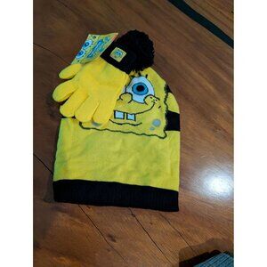 SpongeBob Kids Beanie & Glove Set o\s  Yellow/Black Knit Winter Hat With Pom